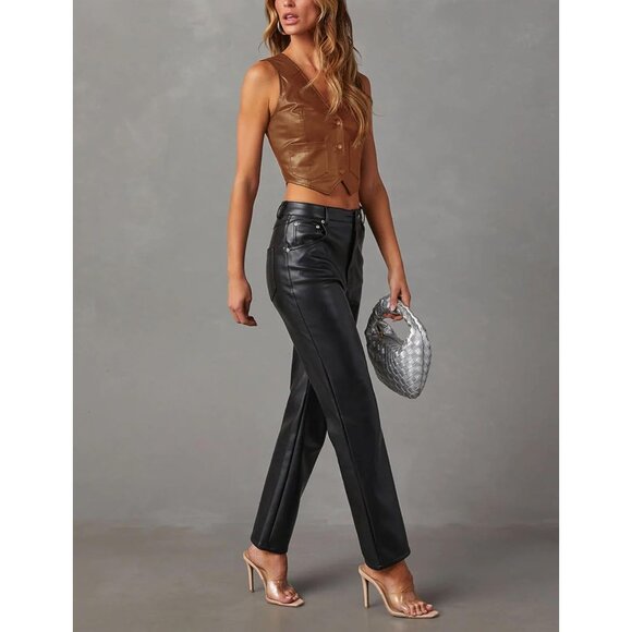 Women's Faux Leather Sleeveless Crop Top V Neck Button Up Waistcoat Medium - Picture 3 of 5